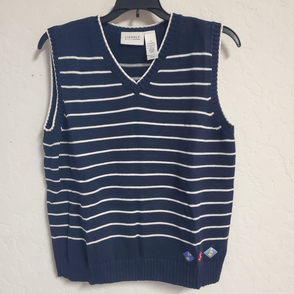 Liz Claiborne GOLF NAVY with White Stripes Sweater Vest. Size Medium